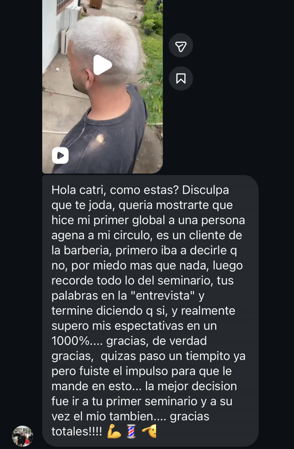 Mensaje de un alumno contando su primer global a un cliente