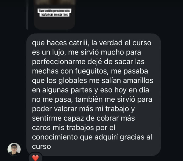 Mensaje de Mateo contando que dejó de sacar mechas con fueguitos y que hoy cobra más caro